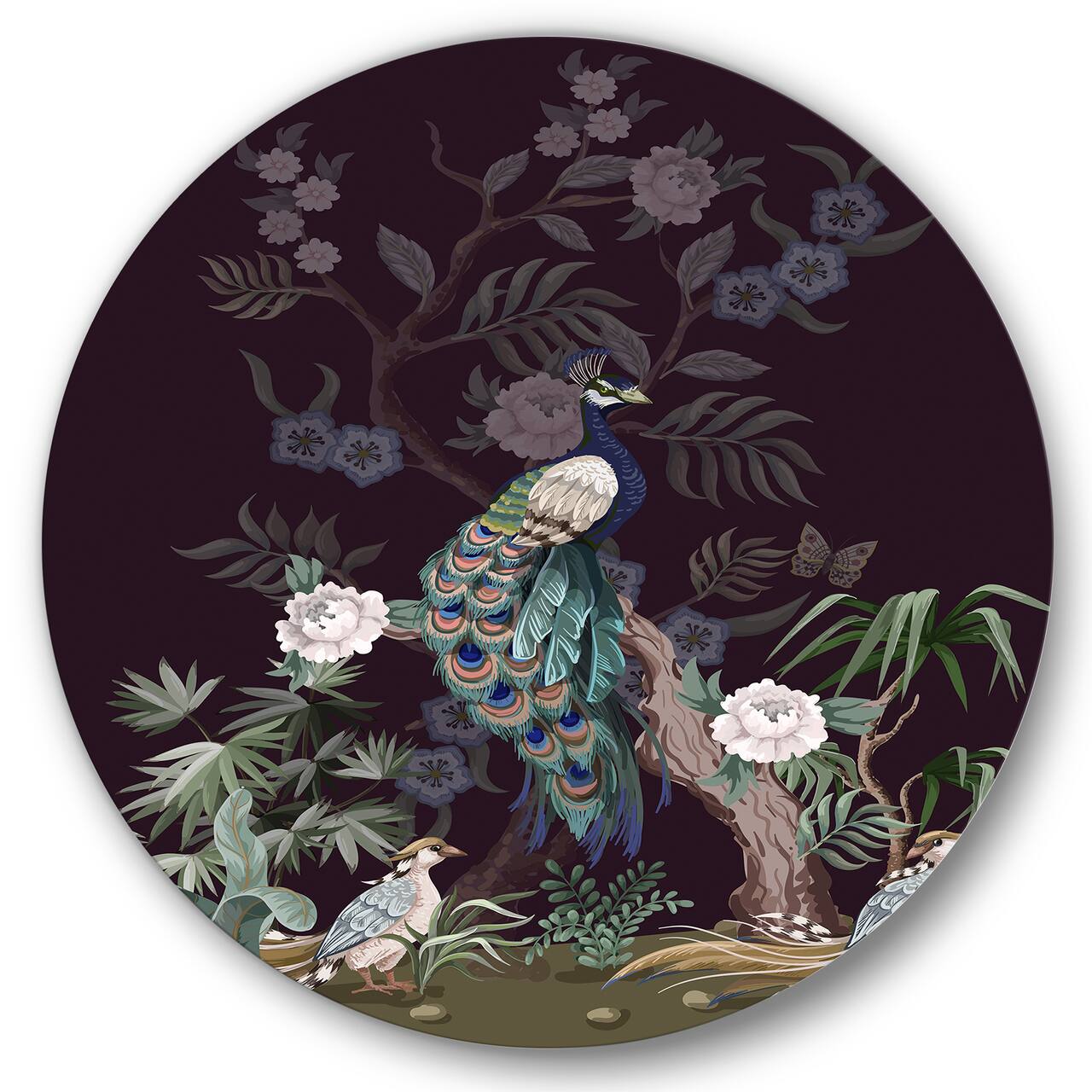 Designart - Chinoiserie With Birds and Peonies V - Traditional Metal Circle Wall Art